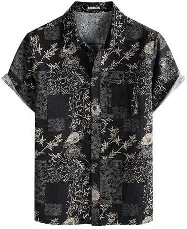 PARKLEES Men's Casual Linen Flower Print Shirt Short Sleeve Button up Hawaiian Shirts Hipster 70s Hippie Tops Black Flower Large