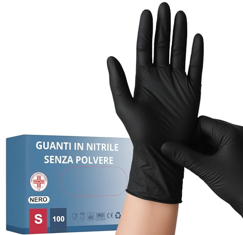 Medical 100 Guanti NITRILE MONOUSO Resistenti senza polvere Dispositivo Medico ipoallergenici senza lattice | Medici Chef Estetisti Tatuatori Uso Alimentare | Varie Taglie Disponibili (Nero, S)