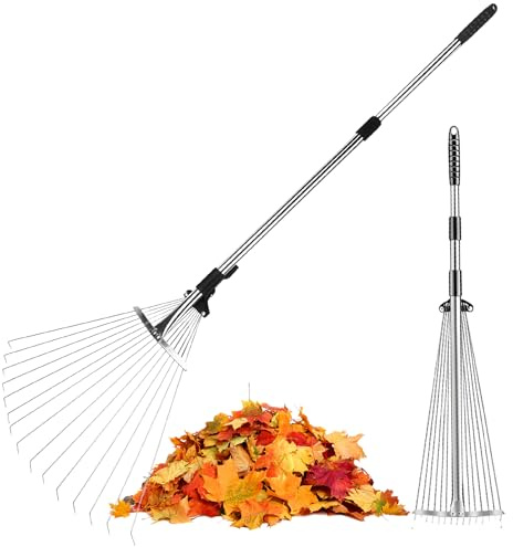 Garden Rake,81-161 cm Adjustable Lawn Rake,15 Tines Soil Removes Moss,for for Leaves, Lawn Leveller, Soil Grass Leaves,Yard Clean Up Tool