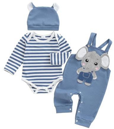 JCOPLY Newborn Baby Boy Clothes Striped Romper Overall Dungarees Hat Set | Infant Spring Autumn Outfit, Boys Cute Cartoon Clothing, Long Sleeve Bodysuits, Animal Embroidery Suspender Trousers Set 3pcs
