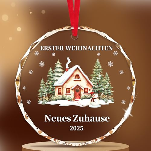Personalisierte Weihnachtskugel 2025 - Erster Weihnachten im Neuen Zuhause, Kristall-Christbaumschmuck mit Hausmotiv und Schneemann, Ideal als Einzugsgeschenk für Paare und Familien