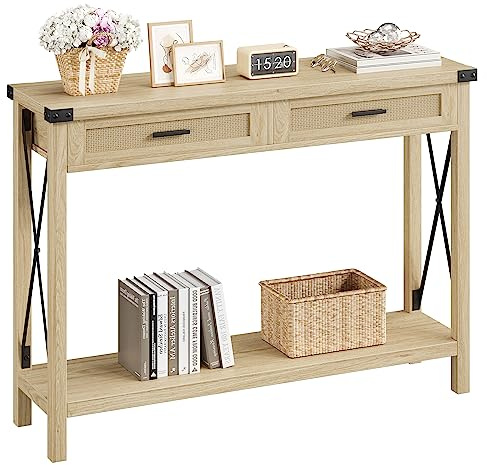 Table console en bois avec 2 Tiroirs,Meuble d'entrée à 2 Niveaux avec Étagères de Rangement,Console meuble avec structure de quatre bois pieds pour Entrée, Chambre, Salon(110x79x30cm,Naturelle)