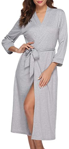 iClosam Women Dressing Gowns 3/4 Sleeve Long Bathrobe Cotton Knit Kimono Robes Lightweight Bath Robes Soft Sleepwear Loungewear