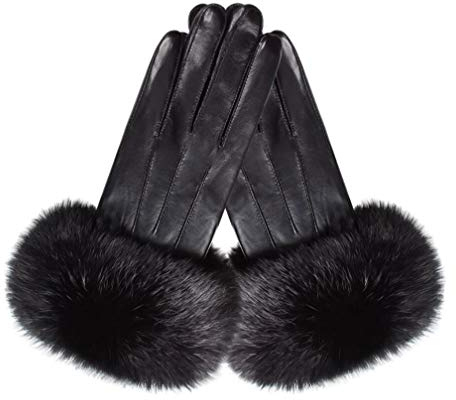 Pexuya Damen Winter Touchscreen Schaffell LederHandschuhe mit Kaninchenfell S77 (Schwarz, M)