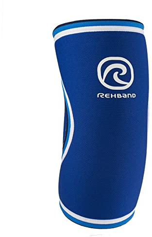 Rehband Rx Ellenbogenbandage Kraftsport, 5mm Neopren Ellenbogenschoner stabilisiert Muskeln & Gelenk, unterstützende Armbandage Ellenbogen, Farbe:Blau, Größe:M