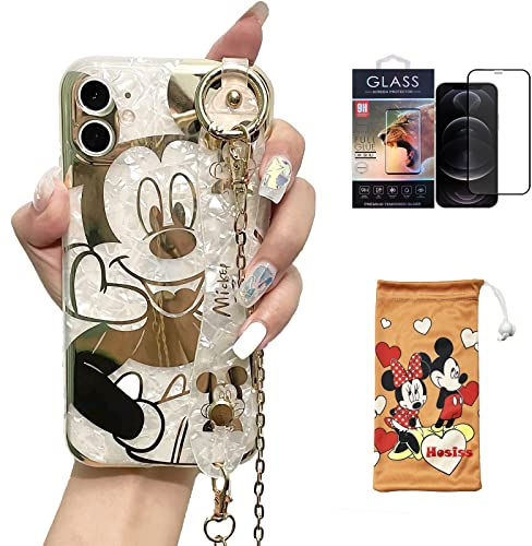Hosiss Cartoon Case for iPhone 11 6.1 with HD Screen Protector, Mickey Mouse with Wrist Strap Kickstand Metal Chain Strap Soft TPU Shockproof Protective for Girls Women