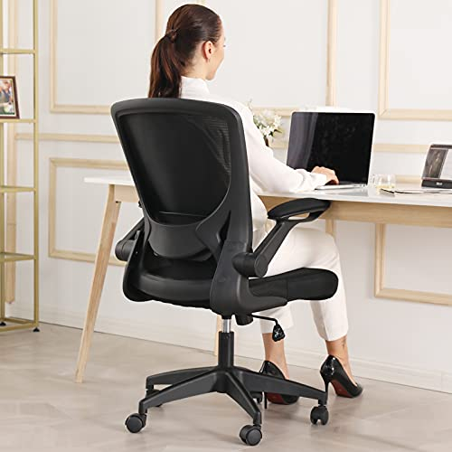 KERDOM 9060 Silla de oficina ergonómica con reposabrazos plegables, silla de ordenador giratoria de tejido de malla de 360°, negro