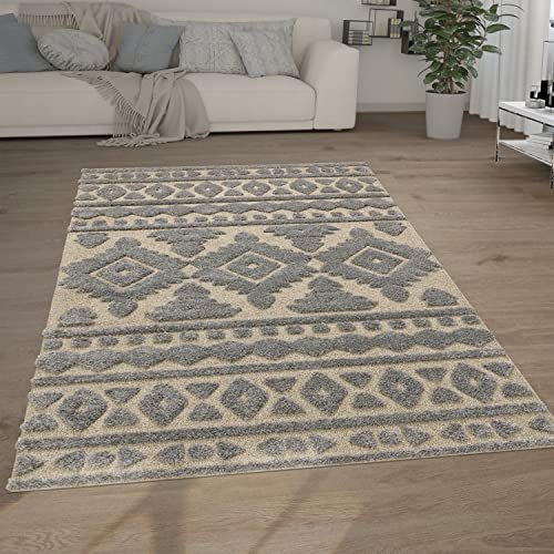 Paco Home Hochflor Teppich Wohnzimmer Shaggy 3D Optik Ethno Boho Vintage Look Weich, Grösse:80x150 cm, Farbe:Grau 3