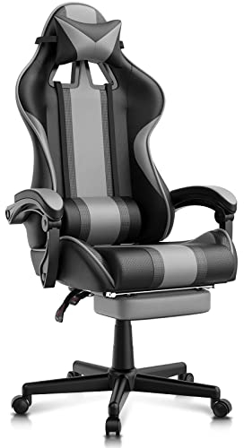 Ferghana Gaming Stuhl Ergonomisch Racing Gaming Sessel mit Fußstütze Computerstuhl mit kopfstütze Gamingstuhl PC Stuhl Gaming Chair für Gamer Grau