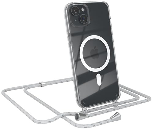 EAZY CASE - Handykette kompatibel mit iPhone 15 Plus Kette zum Umhängen Stoßfest Handyhülle für iPhone 15 Plus Silikon Hülle mit Band Handytasche Transparent als Fallschutz in Weiß/Silber