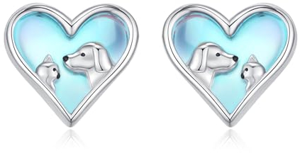 Katzen Hunde Ohrringe 925 Sterling Silber Mondstein-Herz-Ohrstecker, hypoallergen, niedliches Tier, Katze, Hund, Freundschaftsohrringe, Mondstein-Schmuck für Schwestern, Freunde.