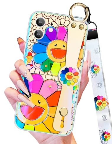Miss Adola Rainbow Flowers Sunflower Case for iPhone 12 Diamond with Wrist Strap Case Lanyard Girls Women Aesthetic Flower Floral Design Cute Pretty Wristband Cases Cover