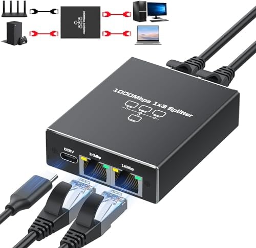 Oliveria LAN Splitter da 1 a 3 Splitter Ethernet 1000Mbps Switch LAN 3 Porte con Cavo di Alimentazione Type-C Switch Gigabit per Computer, Hub, Switch, Router, Set-Top Box, TV Digitale, ECC.
