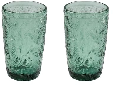 ReWu Trinkglas Ray 2er-Set Grün Blatt-Motiv Gerillt Glas Trinbecher Wasserglas Saftglas Trinkglas-Set Trinkgeschirr 380ml