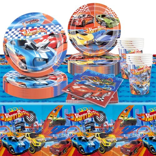 52 Stück Hot Whee Geburtstagsdeko, Monster Truck Partygeschirr Pappteller Kindergeburtstag Party Teller Becher Servietten Trinkhalme Geburtstag Deko für 10 Personen