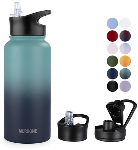 MURBONE Insulated Water Bottle, 1L Stainless Steel Drink Flask with Straw, BPA Free, Leakproof Double Walled Vacuum Water Bottle, 2 Lids (Straw and Spout), Green Blue Gradient