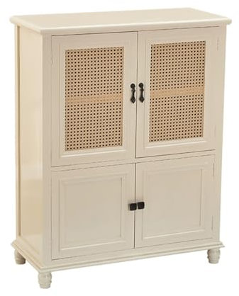 NEWCIX Sideboard Aus Massivholz, Moderner Rattanschrank, Kaffeebarschrank Küchenschrank, Bauernschrank Sideboard Mit Verstellbaren Regalen(Beige)