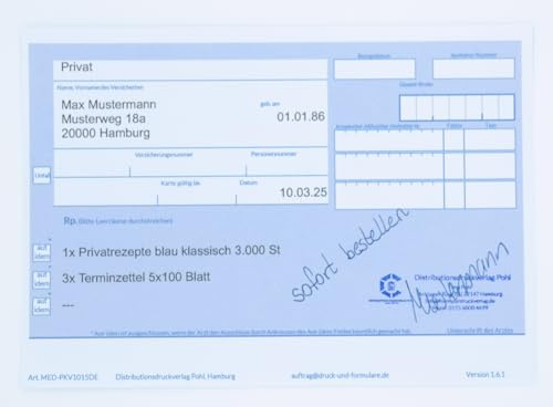 Privatrezepte Blau 2.000 Stück DIN A6 | PKV Rezeptvordruck für Ärzte, Heilpraktiker & Praxen | chipkartengerecht | Rezeptformular ohne Leimung | Made in Germany