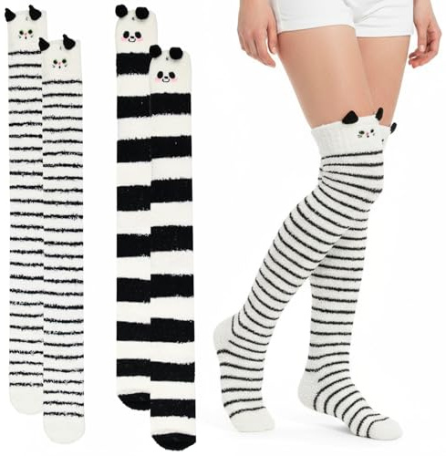 Culinavog 2 Pares de Calcetines altos, Largos Altos de Mujer, Cute Panda Muslo Calcetines De Terciopelo Coral, Medias Sobre la Rodilla Esponjosos Invierno Calentadores de Piernas para Mujeres y Niñas