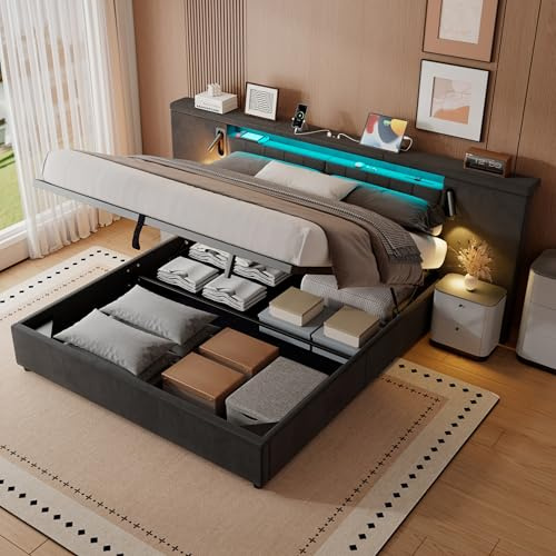 Mydtt Letto Matrimoniale 180x200 con LED Testiera larga, Letto Contenitore Matrimoniale con porta USB e Lampada, Struttura Letto Matrimoniale Imbottito 180x200, Senza Materasso, Velluto Grigio