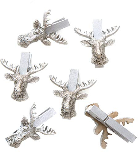 Logbuch-Verlag 6 Silberne Hirschkopf Hirsch Holzklammern Deko Klammern Weihnachten Verpackung 4,5 cm