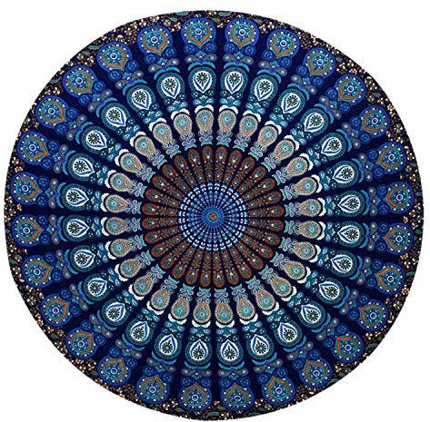 World Wide Kart Blauer Wandteppich, rund, Baumwolle, indisches Mandala, Roundie, Strandtuch, Tischtuch, Yogamatte, Picknickmatte, Hippie, Boho,