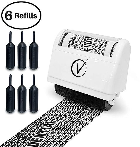 Vantamo – Kit tampon rouleau confidentiel pour protection contre le vol d'identité, avec 6 recharges d'encre, permet de masquer les informations confidentielles, blanc chic