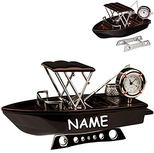 alles-meine.de GmbH kleine - Tischuhr/Miniatur - Uhr - Schiff - Fischerboot - Boot/Angelboot - mit Ständer - inkl. Name - aus Metall - 11,3 cm - batteriebetrieben - Analog - ..