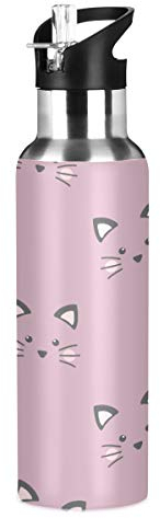 Stainless Steel Water Bottle with Straw, Cute Cat Pink Insulated Drink Flask Sports Water Bottle for Kids Adults, Leakproof, 600ml