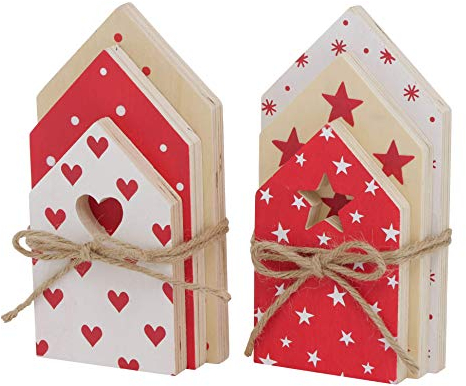 6er Set Aufsteller Haus Weiss rot kariert Weihnachten Deko Häuser Holzhaus Sterne Herzen Punkte Dekoobjekt Weihnachtshaus Weihnachtsbaum Tischdeko Fensterdeko Schaufensterdeko