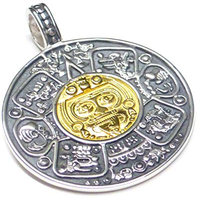 Anhänger Silber vergoldet, Motiv Maya Kalender, Sterlingsilber im Center vergoldet, Unisex, Schutzsymbol