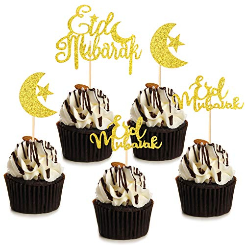 HOWAF Eid Mubarak Kuchendeko, 21 Stück Eid Mubarak Tortendeko Glitzer Stern Mond Cake Topper Cupcake Tortenstecker Kuchendeckel Muffin deko für Eid Muslim islamische Party Ramadan Deko