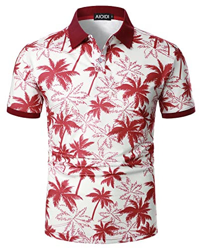 AIOIDI Men's Short Sleeve Polo Shirt Coconut Print Golf Tennis T-Shirt Red XL