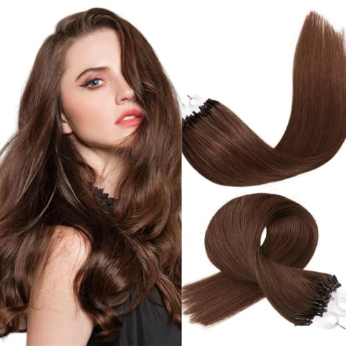 Micro Loop Hair Extensions Real Human Hair 1g/Strand 50s/Pack Straight Hair Pre-Blonded Micro Beads Hair Extensions Micro Rings(14 inch, 4 Medium Brown)