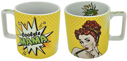 Porzellan-Tasse im Vintage Look, Coolste Mama du bist super, gelb, 450ml XXL Kaffee-Tasse Kaffee-Becher Rockabilly Pinup-Girl Pop-Art