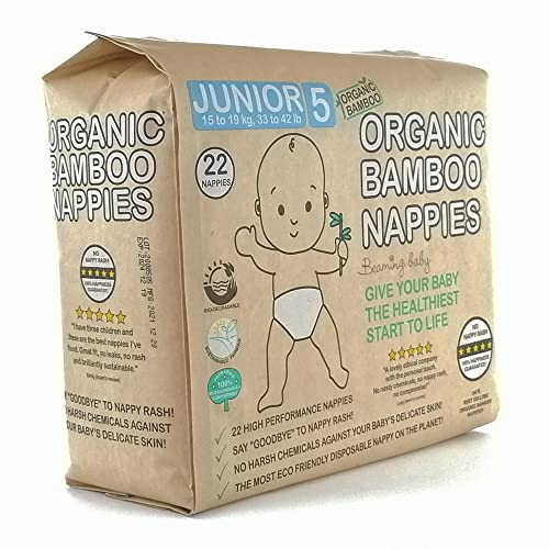 Beaming Baby Organic Bamboo Nappies Size 5, Junior, 3 Packs of 22 Bamboo Eco Nappies. Eco Friendly Bamboo Diapers for Your Beautiful Baby 8 to 16 Months