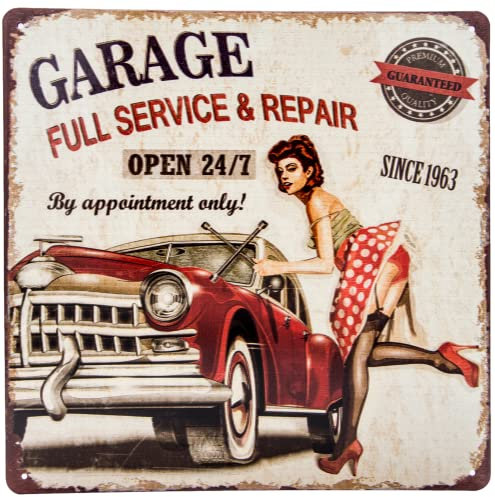 Targa in metallo retrò – 60 auto d'epoca Pin-Up Girl, Route 66 Style, Full Service Garage, cartello decorativo da officina, 30 x 30 cm