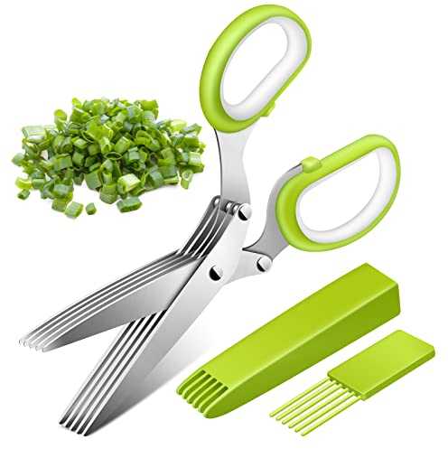 Kräuterscheren, Senbos Edelstahl Küchenschere 5 Klingen Gewürzschere Schnittlauchschere mit Reinigung Kamm und Sicherheitsabdeckung, Küchen-Gemüseschere für Kräuter, Schnittlauch, Petersilie, Rosmarin