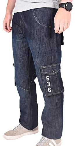 True Face Mens Jeans Cargo Combat Denim Regular Fit Trouser Casual Multipocket Bottoms Zip Fly Pants Black Wash 40W / 32L