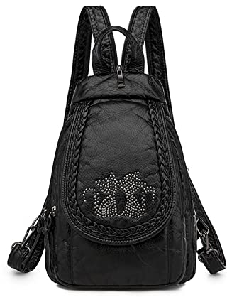 HUAZHIMAO Kleiner Rucksack Damen, Soft PU Leder Rucksäcke Elegant Wasserdicht Cityrucksack Klein Daypack Modern Mini Rucksackhandtasche Rucksacktasche für Reisen Arbeit (Schwarz)