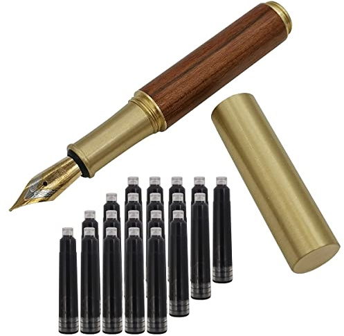 SIPLIV Handcrafted Brass Wooden Fountain Pen Short Paragraph (85mm) Pocket Mini Travel Pen with 20 Pcs Black Ink Cartridges, Brown Stripes