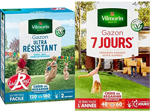 Vilmorin 4462415 Gazon Ultra Résistant, Vert, 3 kg & 4460714 Gazon 7 Jours, Vert, 1 kg