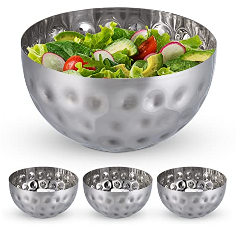 Relaxdays 4X Saladiers Ronds, Design martelé, en Acier Inoxydable, HxD : 10,5 x 20 cm, Salade, Bol mélangeur Cuisine, argenté