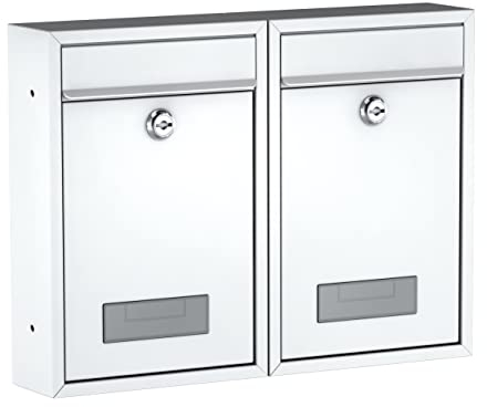 BASI | 2er Set Briefkasten | Wandbriefkasten Kompaktbriefkasten | DIN B5 | Namensschild jeweils 2 Schlüssel | Befestigungsmaterial | Briefkastenanlage | Stahlbriefkasten | Weiß Matt | 2 Stück
