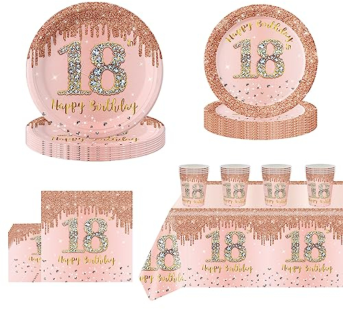 69Pcs Rose Gold 18th Birthday Party Tableware 16 Guests,18th Rose Gold Party Tableware Set are Crafted from High-quality Paper for Women Her Birthday Gifts Party Supplies Reusability Decorations