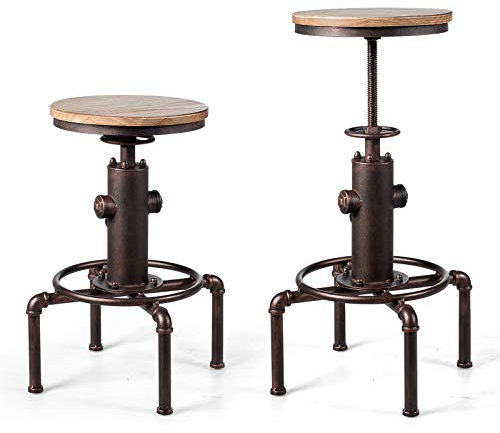 HOMASIS Barhocker höhenverstellbar aus Holz & Metall, Vintage-Barstuhl im Industriestil, 360°Drehhocker mit Kiferplatte, Fußstütze & Anti-Rutsch Fußpolster, Bistrohocker für Bars & Cafés (Bronze)