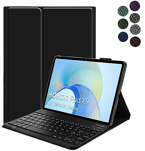 YGoal Clavier Coque pour Honor Pad X9, [AZERTY Français] 7 Colors Backlit Haute Qualité PU Cuir Housse Étui Avec Détachable sans Fil Clavier pour Honor Pad X8 Pro 11.5, Noir