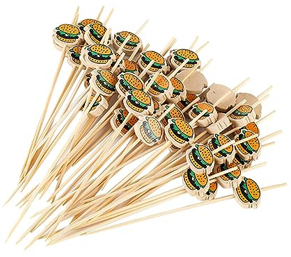 JIHUOO 100 palillos de madera para hamburguesas, palillos de cóctel, sándwich de frutas, palillos de dientes decorativos, pinchos de postre para baby shower, cumpleaños, boda, fiesta