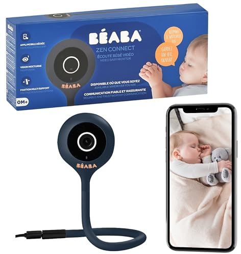 BÉABA, Babyphone mit Videoüberwachung, Zen Connect Babyphone, Full HD 1090p Kamera, Gegensprechfunktion, Große Reichweite, Mobil- und WLAN-Verbindung, Schlaflieder, Flexibler Stiel, Nachtblau.