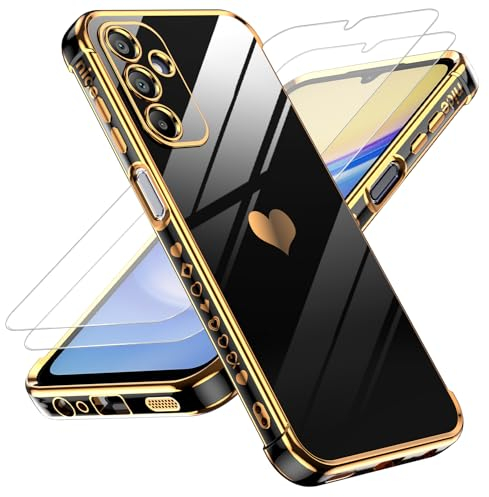 LeYi Hülle für Samsung Galaxy A15 4G/5G Handyhülle mit 2*Schutzfolie, Cute Herz Muster TPU Silikon Galvanik Stoßfest Schutzhülle Cover Case, Kameraschutz Kratzfest für Samsung A 15 Schwarz
